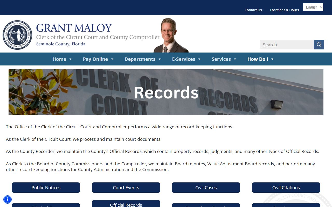 Seminole County court records search landing page