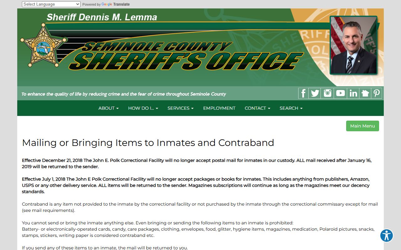 Seminole County jail inmate mail rules
