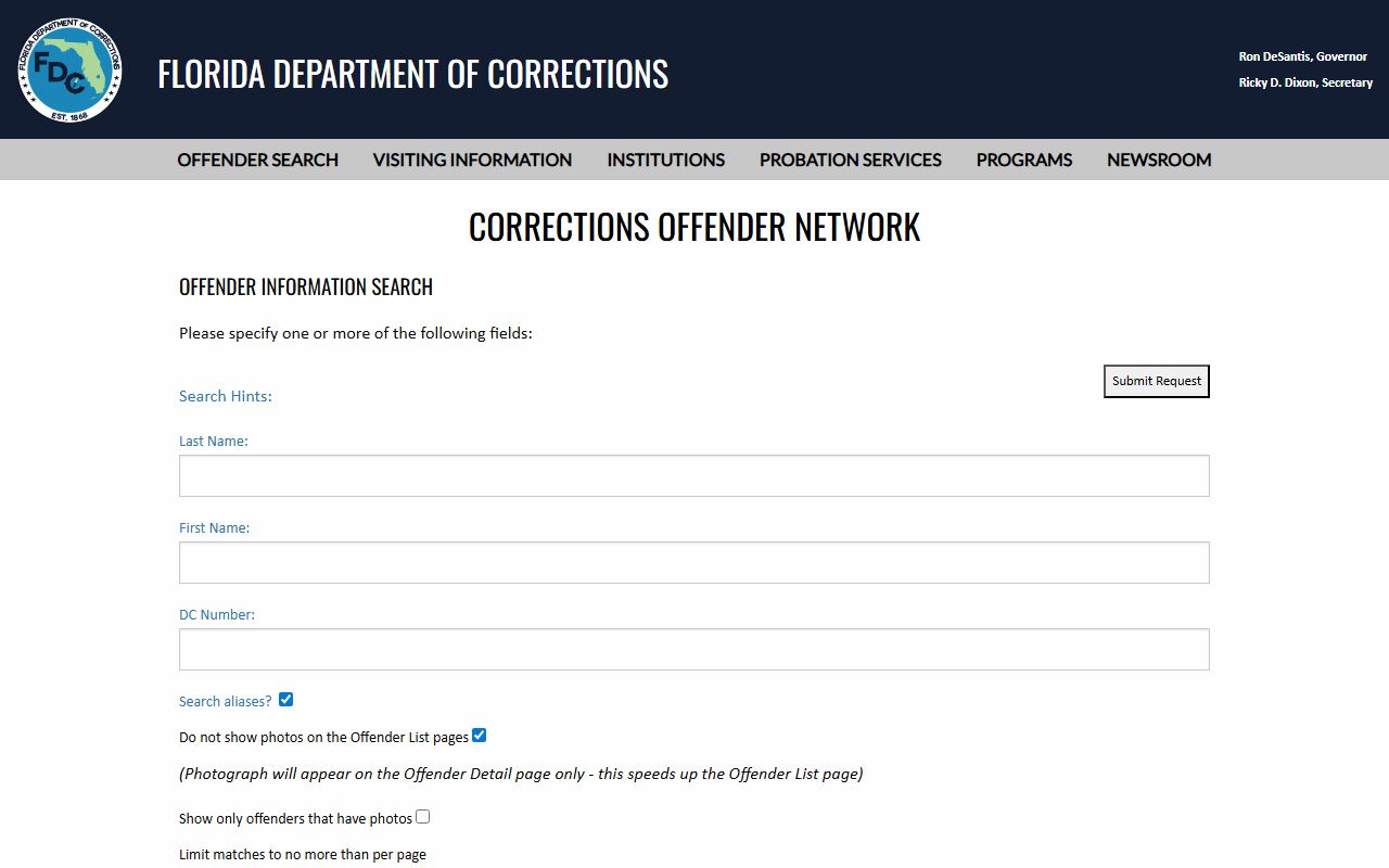 Florida DOC released inmate offender search